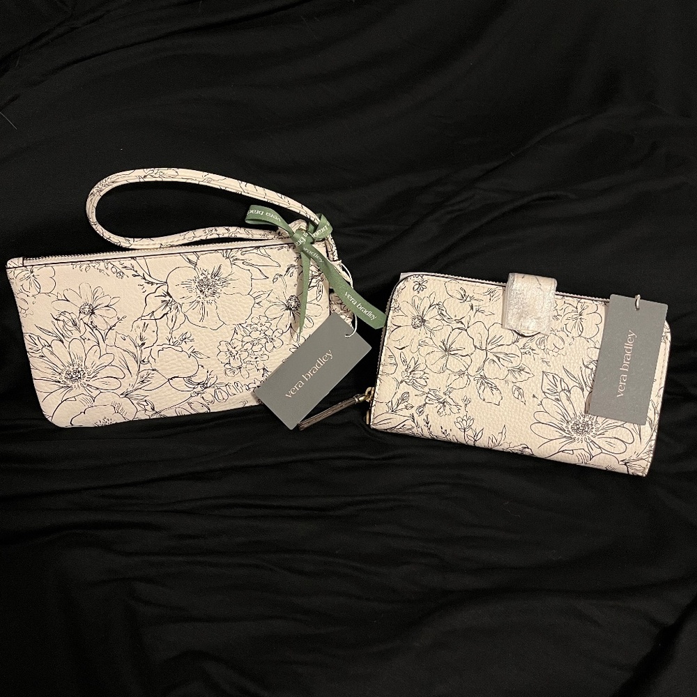 NWT Vera Bradley Bloom Cottage Cream Genuine Leather Wallet & Wristlet Set